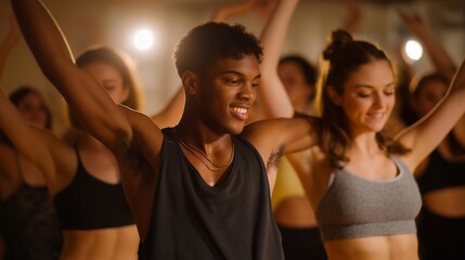 A dance instructor energetically guiding a diverse group of students through choreography in a lively studio, capturing the joy and dedication of everyone as they learn and move together. cinematic