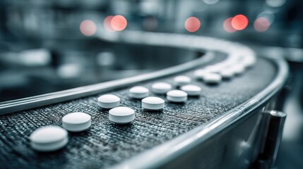 Industrial Production Conveyor Belt with Pharmaceutical Pill Tablets Close Up View