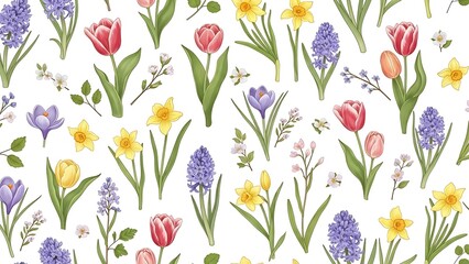 A vibrant and colorful floral pattern featuring tulips daffodils and hyacinths