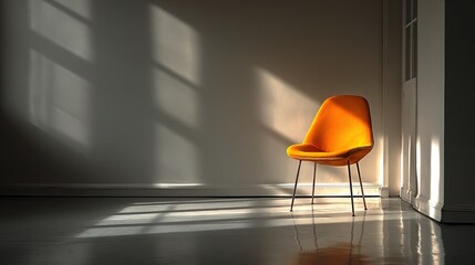Minimalist Contemporary Orange Chair Interior with Sunlight and Shadow Play