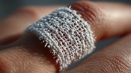 Close-up Textured Bandage on Injured Finger Skin Medical Treatment