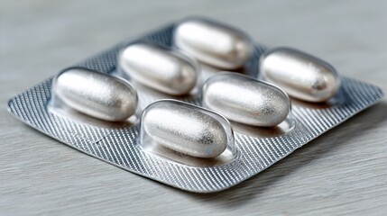 Metallic Silver Color Capsule in Blister Pack on Wooden Surface Healthcare