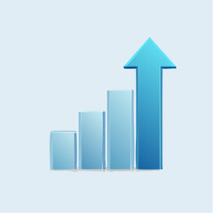 A sleek 3D bar chart with increasing columns and a bold, straight blue upward arrow.