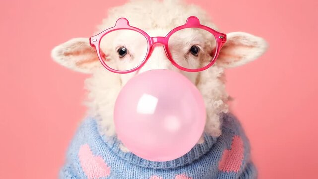 Stylish Sheep Blowing Bubblegum - A cute lamb wearing pink glasses and a blue sweater blows a pink bubblegum bubble. The animal is positioned against a plain pink backdrop.
