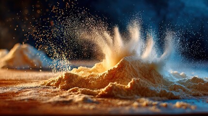 Dramatic Culinary Flour Explosion on Wooden Surface Ingredient Food