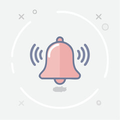 A pink illustrated bell is depicted ringing with sound waves against a light gray background with abstract circular accents.