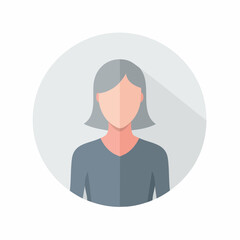 A stylized flat icon of a woman with short gray hair and a gray shirt in a circular profile on a light gray background.