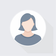 A minimalist vector icon of a woman with light skin, short bob-cut dark hair, and a gray top within a white circle with a shadow.