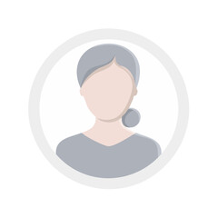A stylized avatar of an elderly woman with gray hair in a bun, wearing a gray top, inside a circular frame with a shadow.
