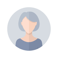 A minimalist avatar of a woman with short, choppy gray hair and a blue-gray top, presented in a circular frame.