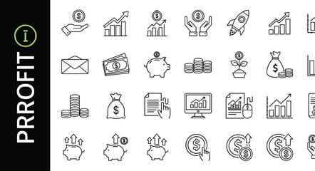 Profit and Finance Business Growth Icon Set Including Money Savings Investment Strategy Revenue Increase Success Rocket Piggy Bank and Financial Analytics Symbols