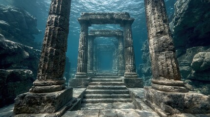 Ancient Stone Ruin with Columns and Stairway in Deep Underwater Location