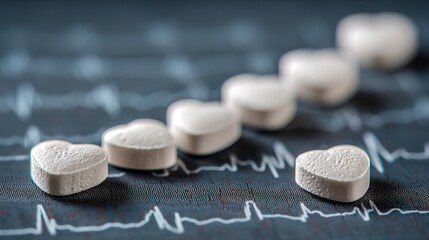 Macro Focus Heart Shape Tablet with EKG Background on Medical Theme