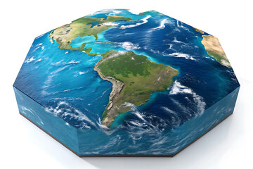 A 3d earth globe illustration of the world features blue oceans and green continents Decagon Shaped.