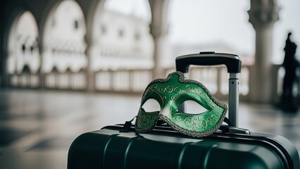 Green venetian mask on suitcase in historic arcade