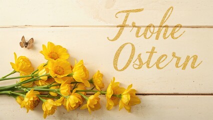 Fototapeta premium Frohe Ostern with yellow daffodils and butterfly on a light background. Easter greeting and spring flowers. The concept of celebration and nature in spring.