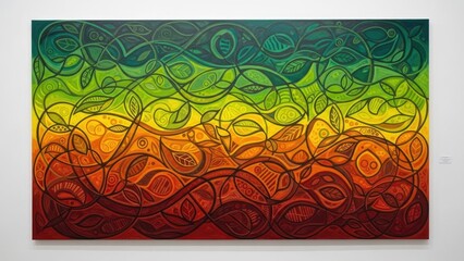 Vibrant gradient leaf pattern artwork on canvas wall