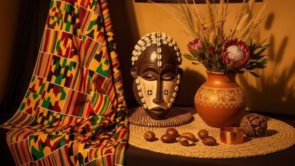 Vibrant African-inspired still life with traditional mask and pottery