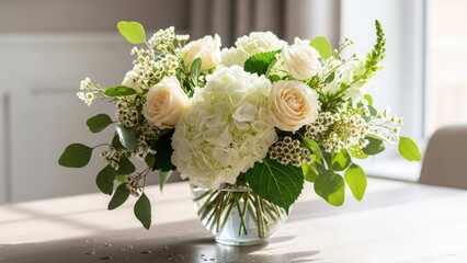 Elegant white rose and hydrangea bouquet in clear vase on table