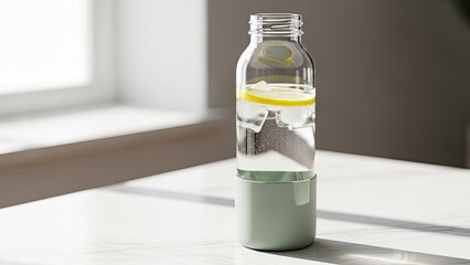Refreshing infused water with lemon and ice in modern bottle