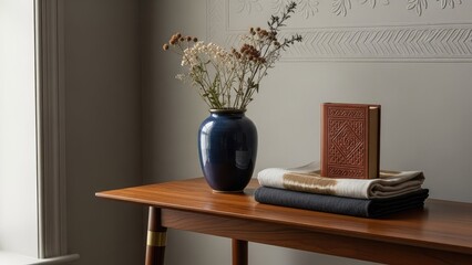 Cozy home decor with vase and books on wooden table