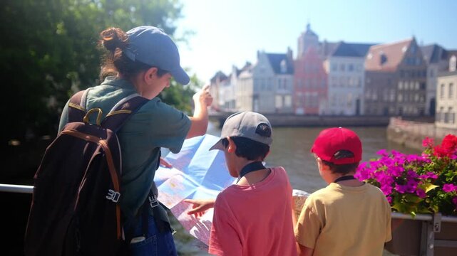 Family tourists using a map together, standing on a bridge by a canal with charming old buildings and colorful flowers, enjoying a lively summer city vacation