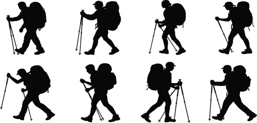 Hiker silhouette vector illustration set, people with backpacks trekking for outdoor mountain adventure and travel design