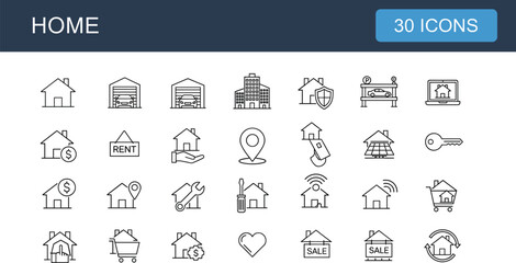 Real Estate and Home Services Icon Set Including House Sale Rent Property Management Garage Security Smart Home Maintenance Mortgage and Residential Building Symbols