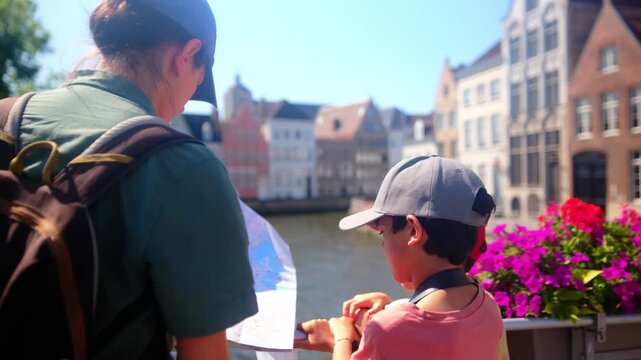 Family tourists using a map together, standing on a bridge by a canal with charming old buildings and colorful flowers, enjoying a lively summer city vacation