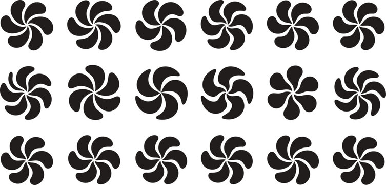 Collection of black propeller fan blade icons and blower turbine silhouettes for industrial ventilation cooling systems engine propulsion and mechanical engineering design elements