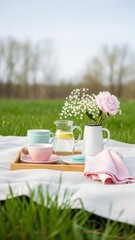 Cozy spring picnic setup with flowers and tea outdoors