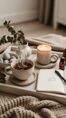 Cozy morning setup with steaming tea and candlelight relaxation