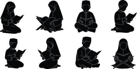 Children reading silhouette, Islamic education, traditional attire, cultural learning, book study, spiritual devotion, youth literacy, cad drawing flat vector illustration