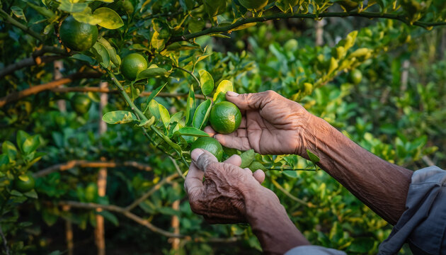 Hands picking fresh green limes from a tree in a lush orchard, showcasing organic farming and natural produce