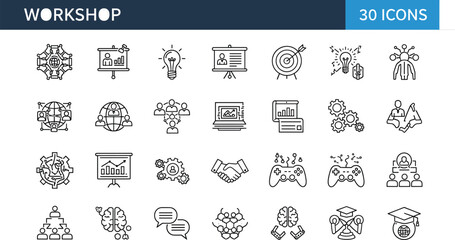Workshop Business Training Icon Set Including Creative Ideas Leadership Teamwork Strategy Presentation Global Networking Problem Solving Brainstorming and Professional Education