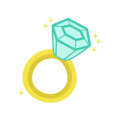 Engagement Ring Colorful Illustration, Yellow Ring with Blue Diamond, Wedding Jewelry Vector