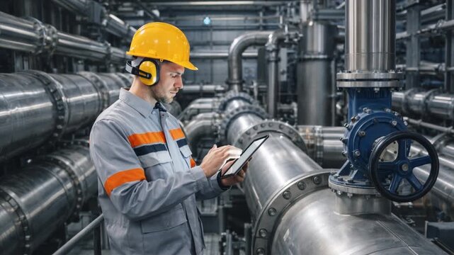 Engineer inspects industrial piping using a tablet