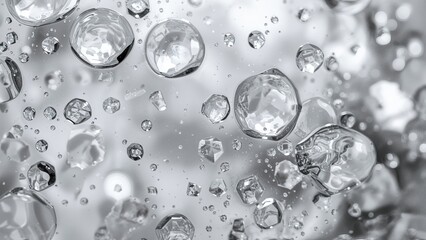 Fototapeta premium Numerous water droplets and bubbles in motion, with a depth of field effect creating a sense of texture and clarity.