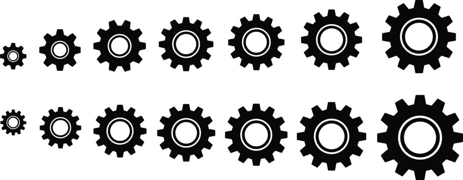 Set of black gear and sprocket wheel icons in various sizes and tooth counts for industrial machinery mechanical engineering clockwork and technical business process concepts