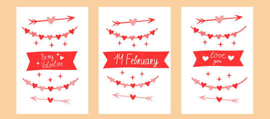 Valentine&rsquo;s Day Card Set with Hearts Arrows and Love Banners, Romantic Red and Pink Vector Designs