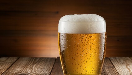 Close-up of glass with cold golden beer and frothy head, condensation on glass, wooden background, highlighting craft beer, bar setting, pub atmosphere, and beverage production