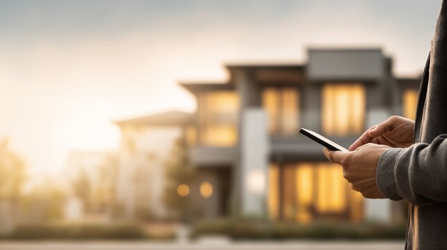 Digital home management, property access, mobile control interface. Smart real estate technology supports remote ownership, security, and property monitoring. Residential fintech and proptech