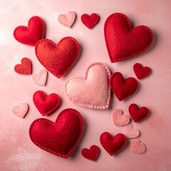 Fototapeta premium Felt Hearts Arranged on Pink Textured Background in Flat Lay Composition