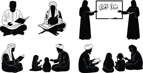 Islamic education scene, religious teaching, family learning, traditional attire, cultural study, Quran reading, classroom setting, cad drawing flat vector illustration