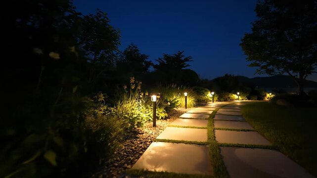 Illuminated Garden Path at Night - A stone-paved path curves through a lush garden at night, illuminated by small lights.