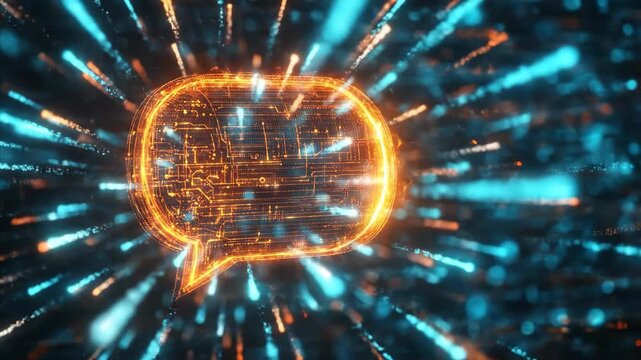 Digital speech bubble glowing with circuit patterns surrounded by dynamic light particles, an abstract concept for communication technology