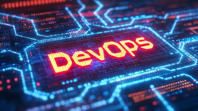 Glowing red DevOps text on a blue circuit board background, representing collaboration software development and IT infrastructure