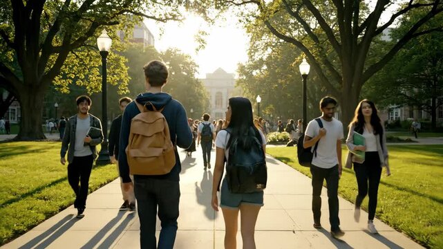 College Campus Students Walking - A diverse group of college students are seen walking down a tree-lined path on campus, heading toward the main building.
