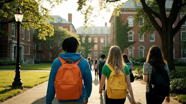 Students Walking on College Campus - A group of diverse college students walks down a tree-lined pathway on a sunny campus. The students are wearing backpacks and walking towards brick buildings.