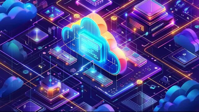 Isometric neon cloud computing network with glowing servers and data nodes.